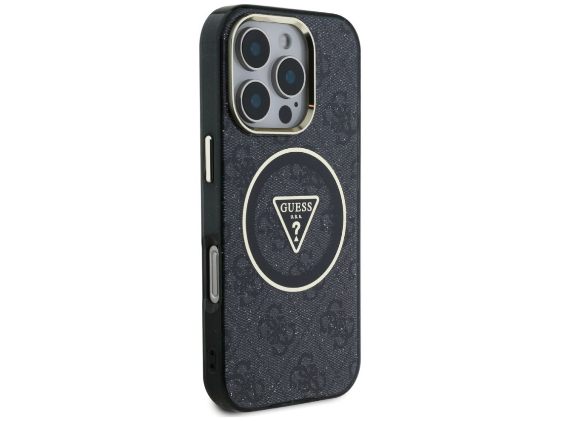 Guess IML Metal Glitter 4G Circle Triangle MagSafe Case for iPhone 16 Pro - Black