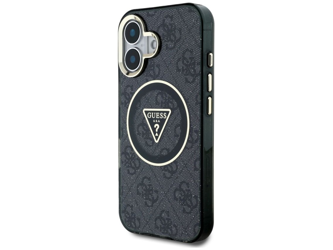 Capa Guess IML Metal Glitter 4G Circle Triangle MagSafe para iPhone 16 - Preta