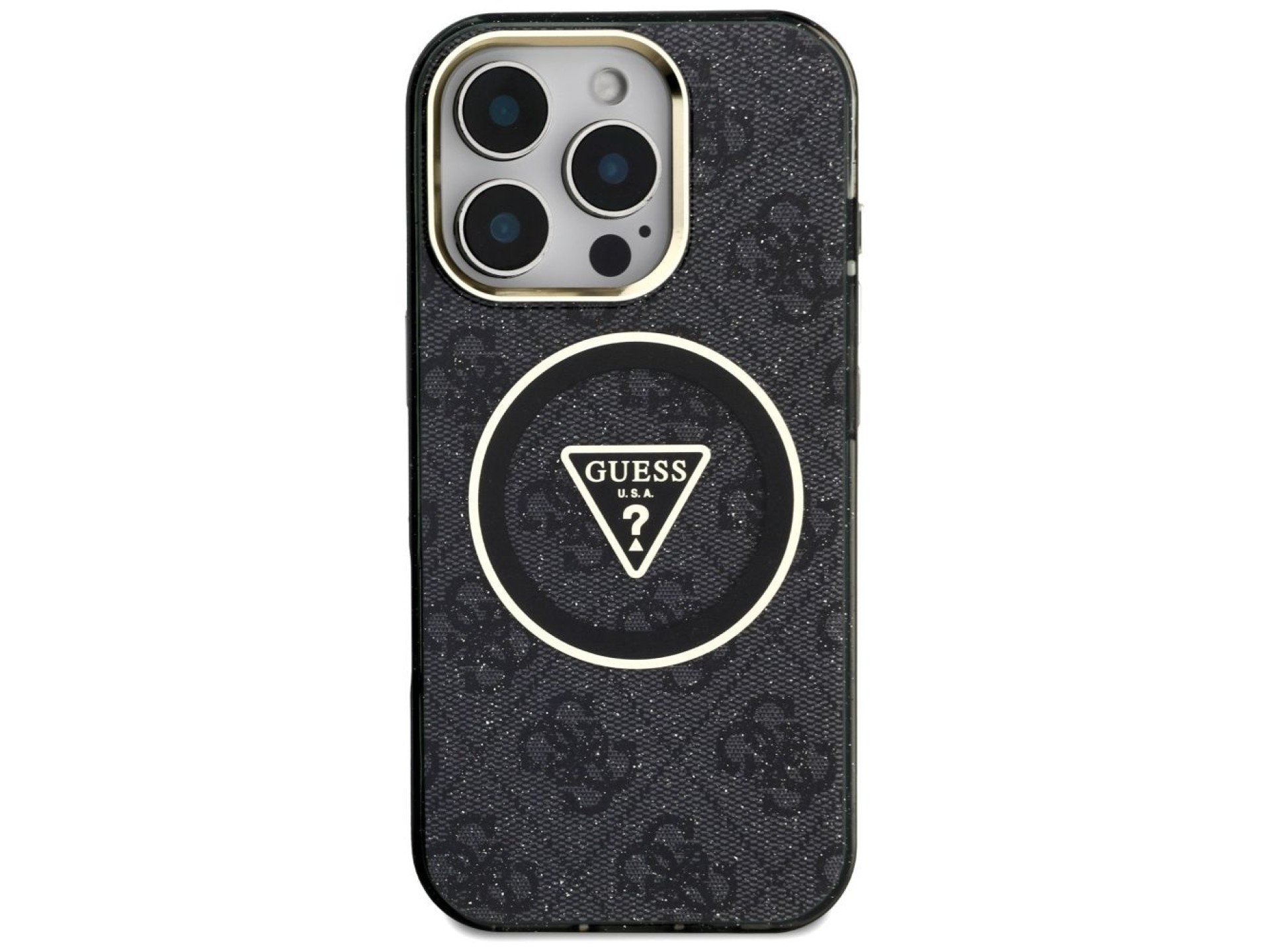 Guess IML Metal Glitter 4G Circle Triangle MagSafe Case for iPhone 16 Pro - Black