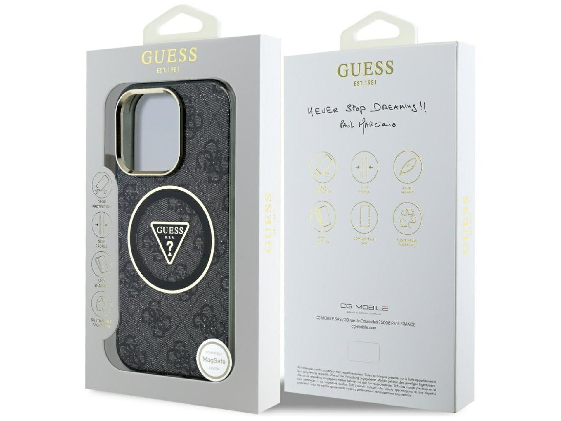 Guess IML Metal Glitter 4G Circle Triangle MagSafe Case for iPhone 16 Pro - Black