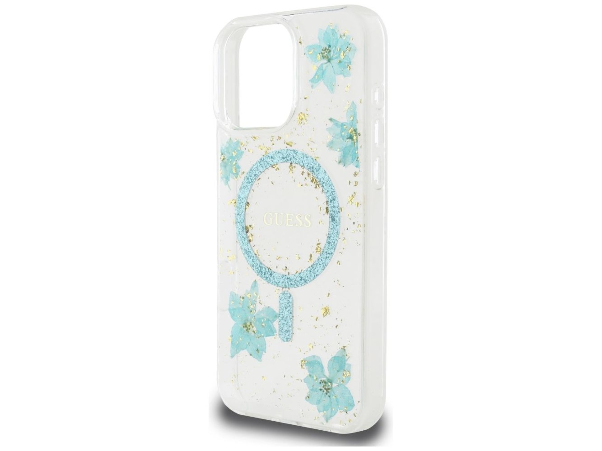 Capa MagSafe para iPhone 16 Pro com flores de resina e glitter da Guess - Verde transparente
