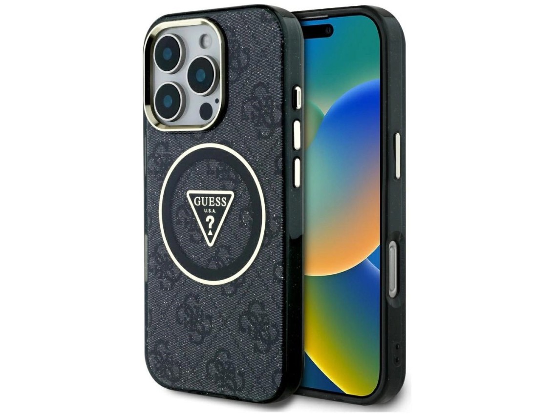 Guess IML Metal Glitter 4G Circle Triangle MagSafe Case for iPhone 16 Pro - Black