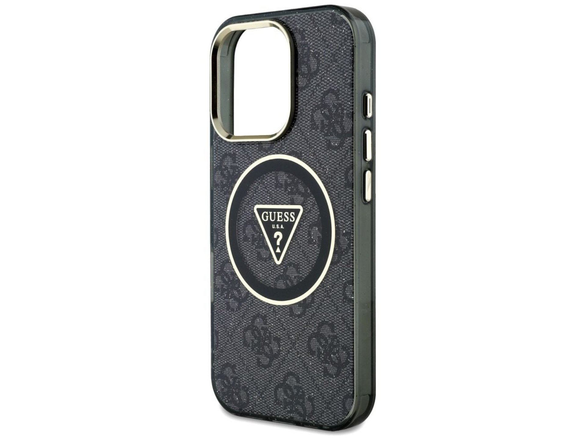 Guess IML Metal Glitter 4G Circle Triangle MagSafe Case for iPhone 16 Pro - Black