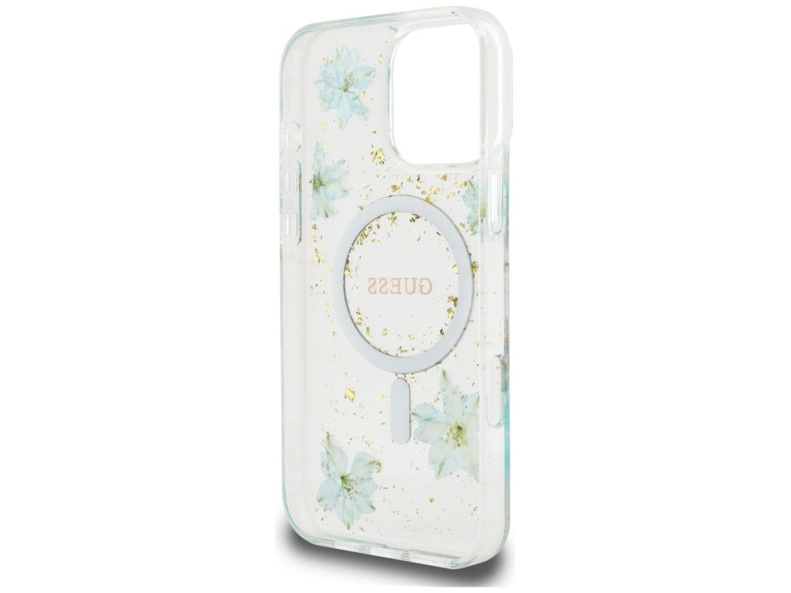 Capa MagSafe para iPhone 16 Pro com flores de resina e glitter da Guess - Verde transparente