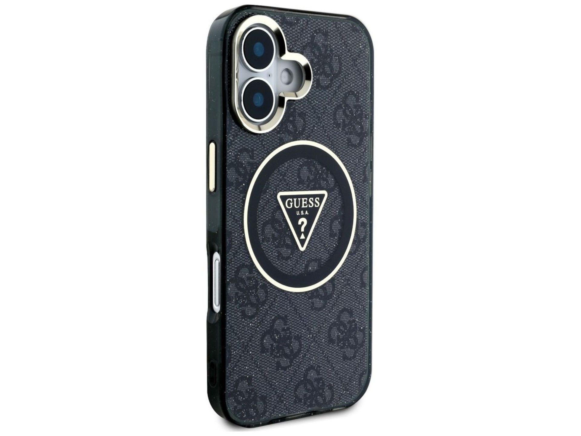 Capa Guess IML Metal Glitter 4G Circle Triangle MagSafe para iPhone 16 - Preta