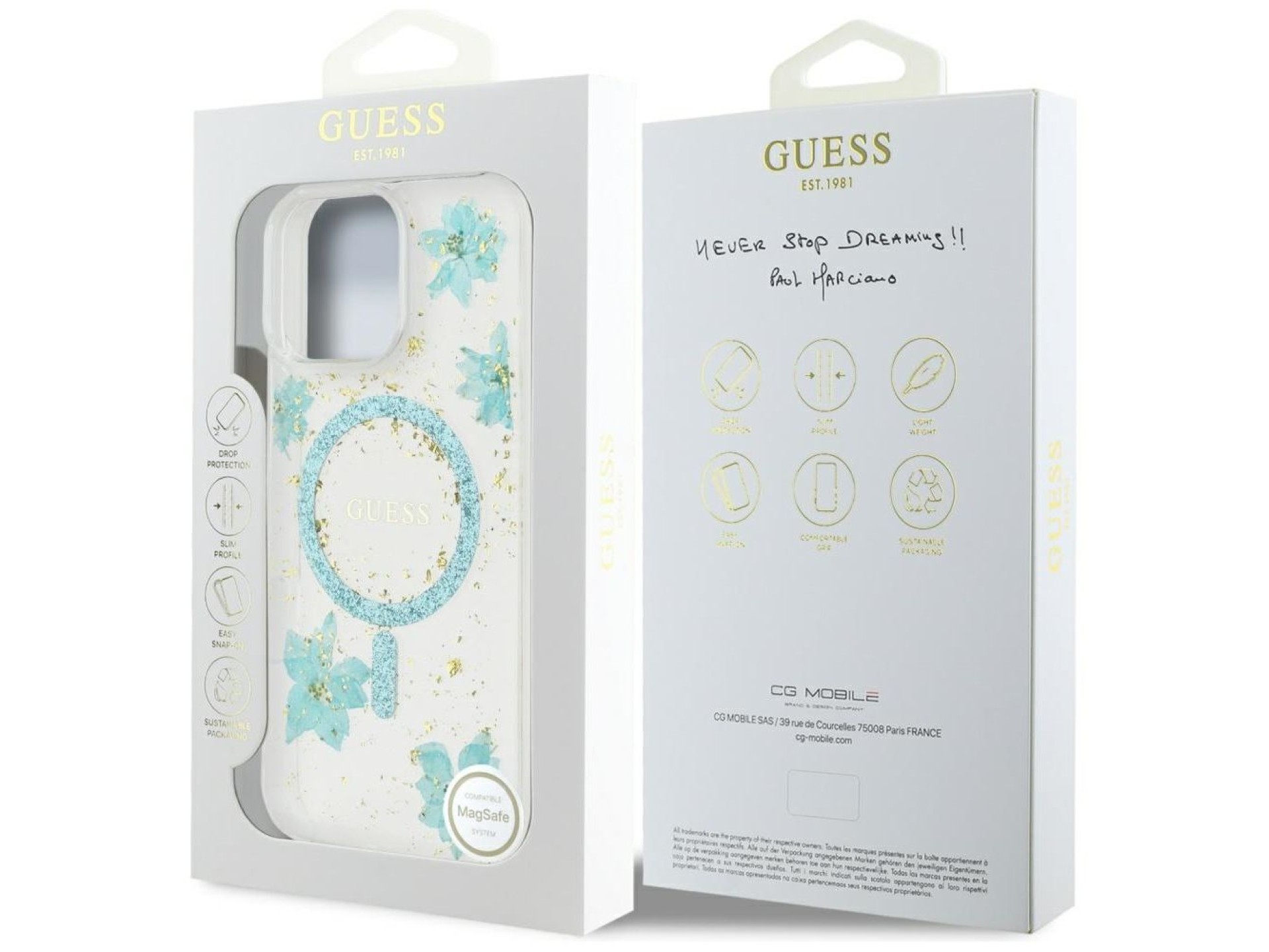 Capa MagSafe para iPhone 16 Pro com flores de resina e glitter da Guess - Verde transparente