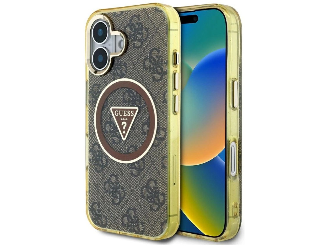 Capa Guess IML Metal Glitter 4G Circle Triangle MagSafe para iPhone 16 - Marrom