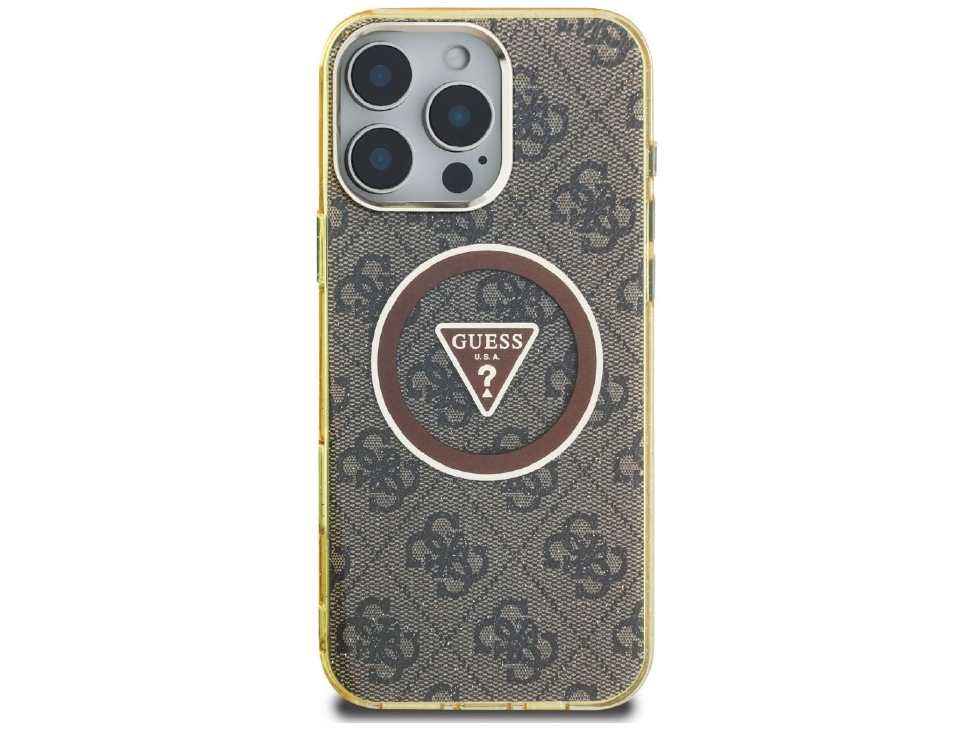 Funda Guess IML Metal Glitter 4G Circle Triangle MagSafe para iPhone 16 Pro - Marrón