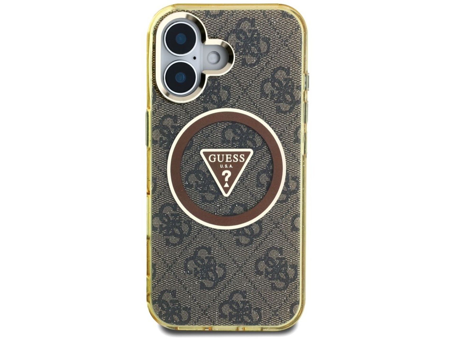 Capa Guess IML Metal Glitter 4G Circle Triangle MagSafe para iPhone 16 - Marrom