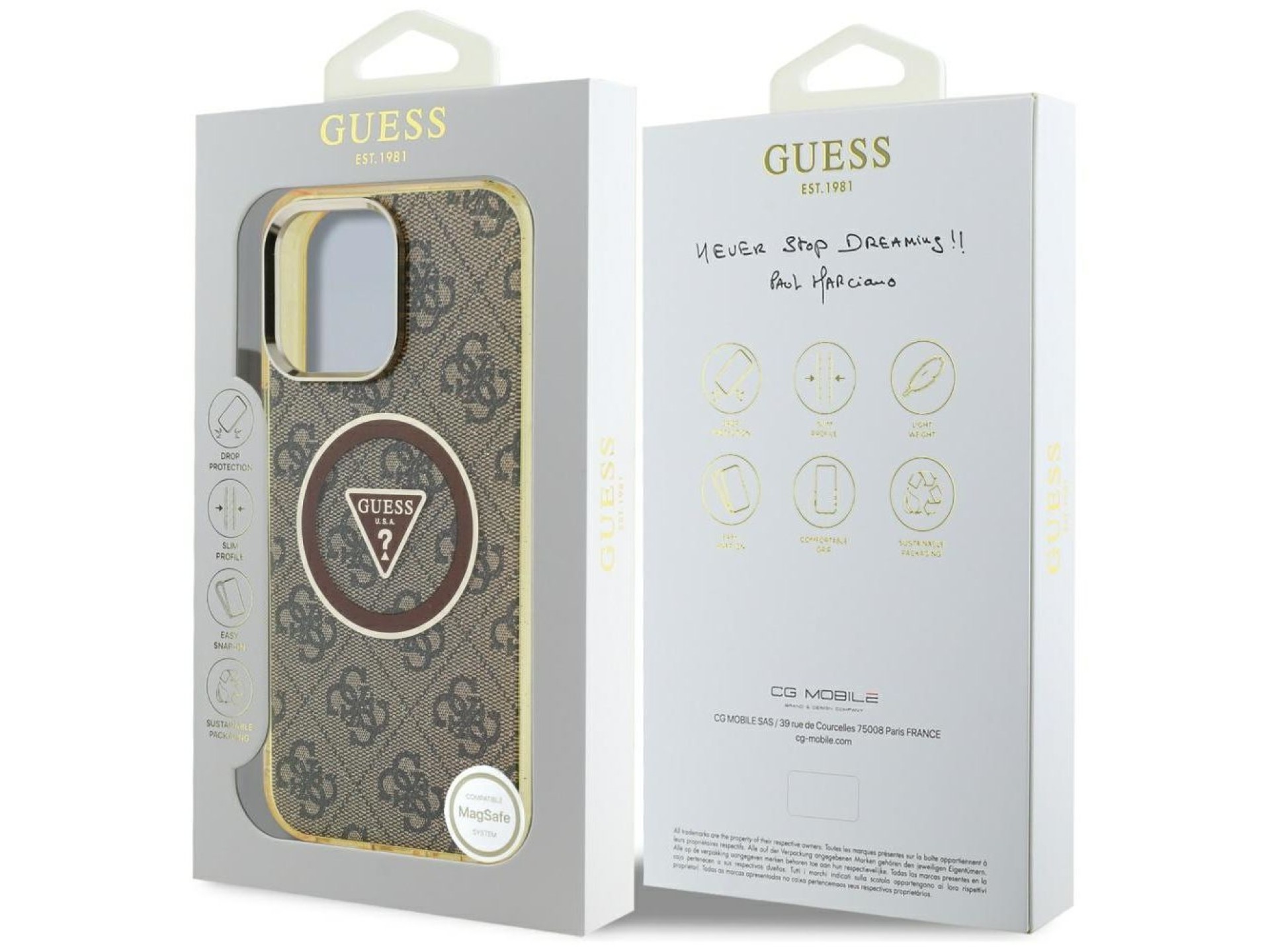 Funda Guess IML Metal Glitter 4G Circle Triangle MagSafe para iPhone 16 Pro - Marrón