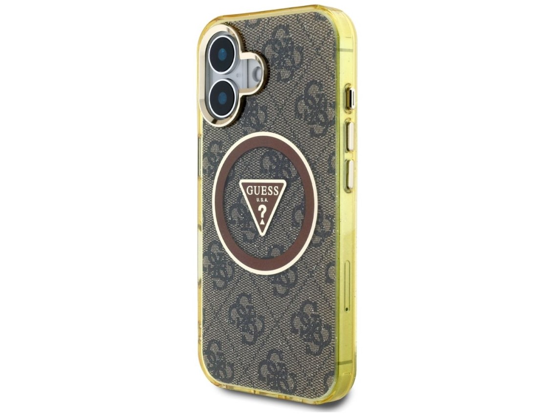 Capa Guess IML Metal Glitter 4G Circle Triangle MagSafe para iPhone 16 - Marrom