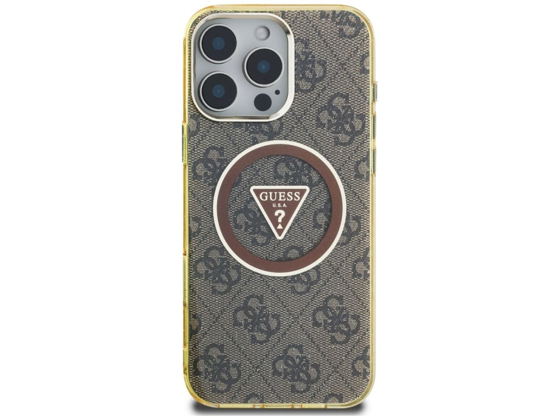 Funda Guess IML Metal Glitter 4G Circle Triangle MagSafe para iPhone 16 Pro - Marrón