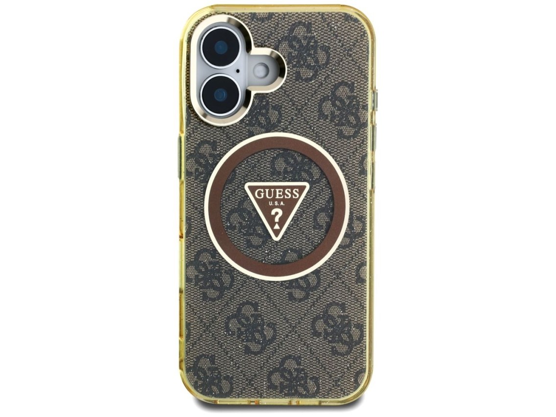 Capa Guess IML Metal Glitter 4G Circle Triangle MagSafe para iPhone 16 - Marrom