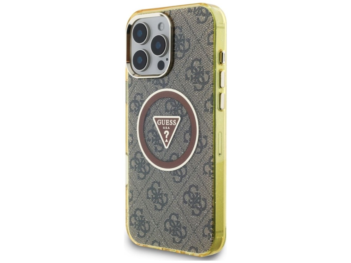 Guess IML Metal Glitter 4G Circle Triangle MagSafe Case for iPhone 16 Pro Max - Brown