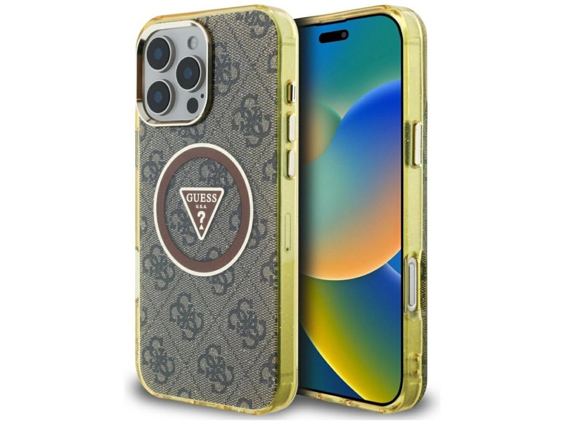 Funda Guess IML Metal Glitter 4G Circle Triangle MagSafe para iPhone 16 Pro - Marrón