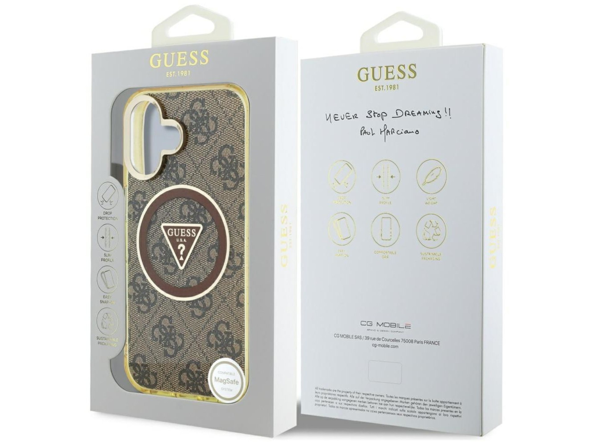 Capa Guess IML Metal Glitter 4G Circle Triangle MagSafe para iPhone 16 - Marrom