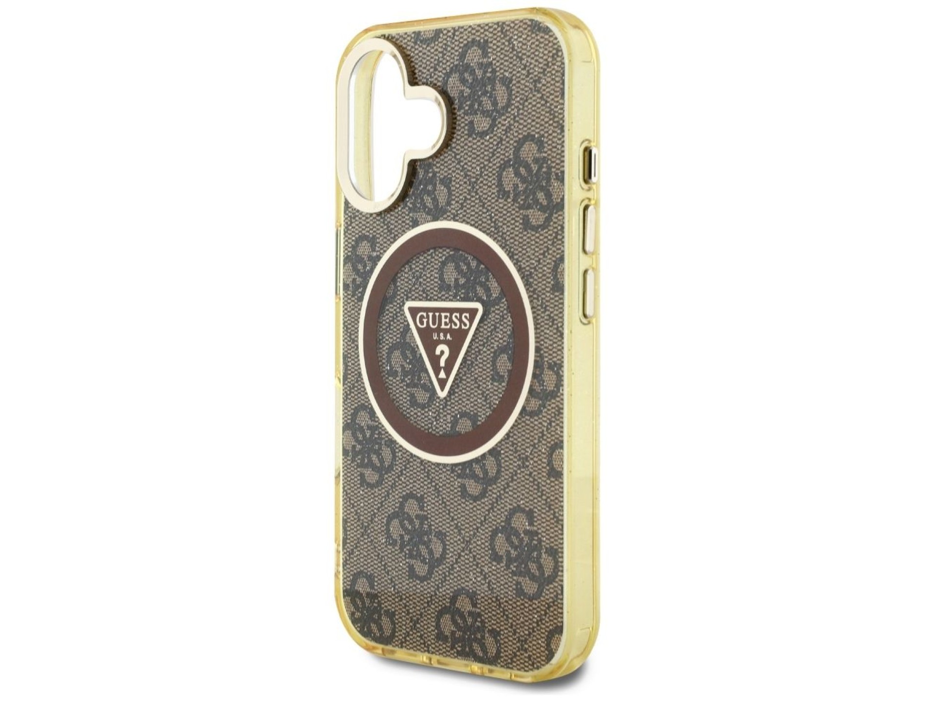 Capa Guess IML Metal Glitter 4G Circle Triangle MagSafe para iPhone 16 - Marrom