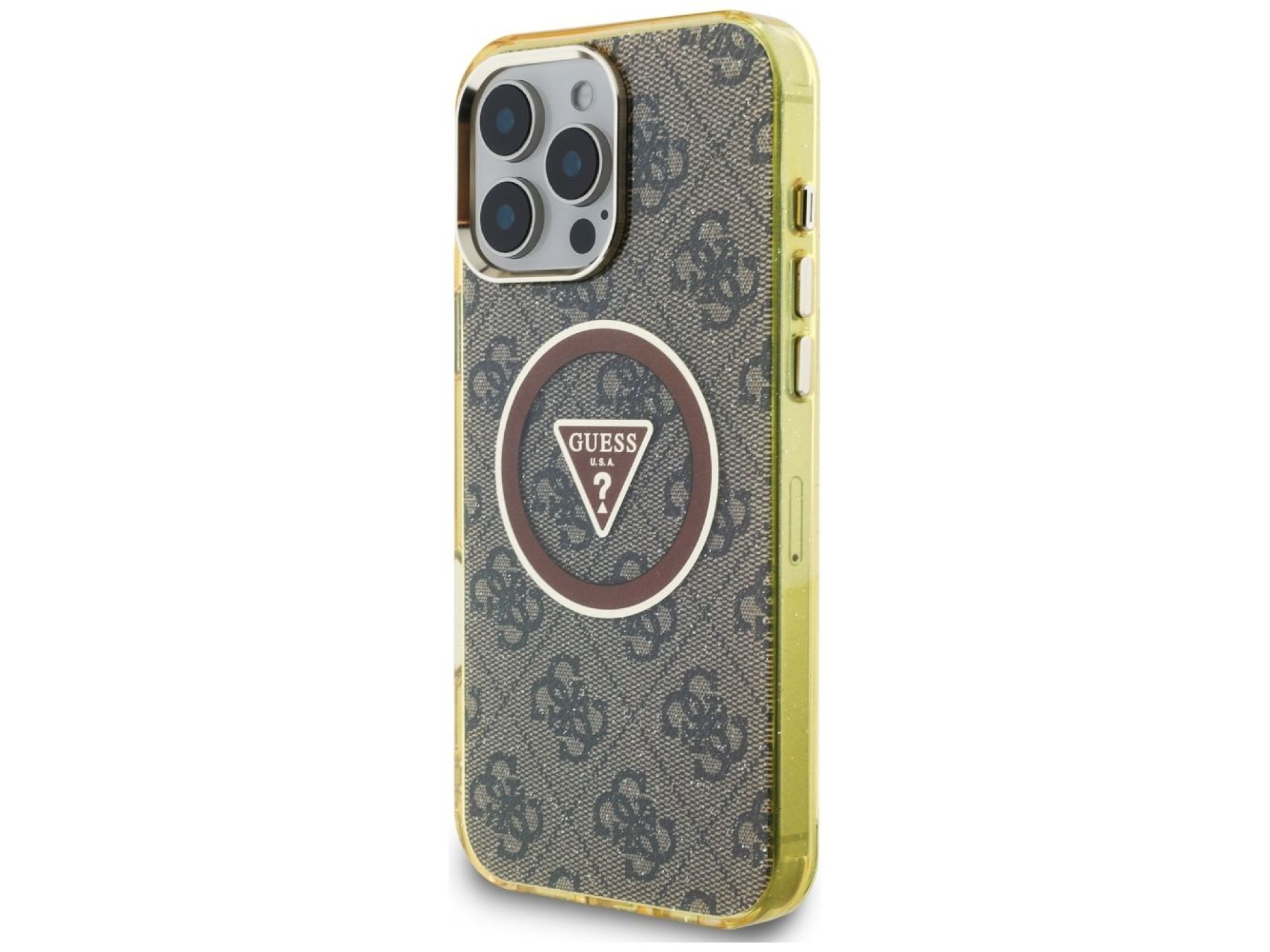 Guess IML Metal Glitter 4G Circle Triangle MagSafe Case for iPhone 16 Pro Max - Brown