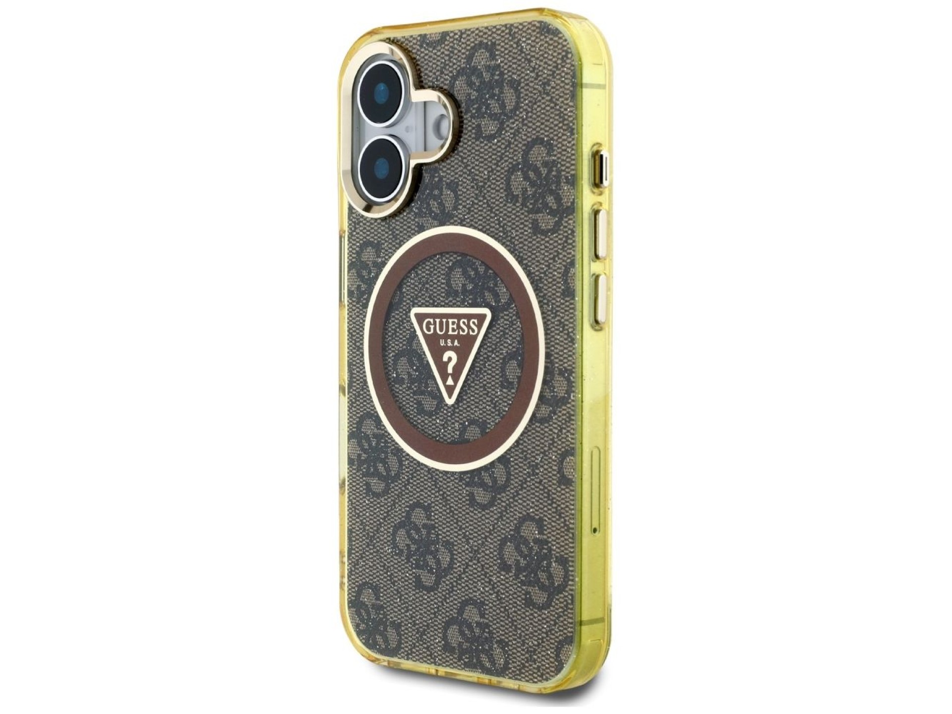Capa Guess IML Metal Glitter 4G Circle Triangle MagSafe para iPhone 16 - Marrom