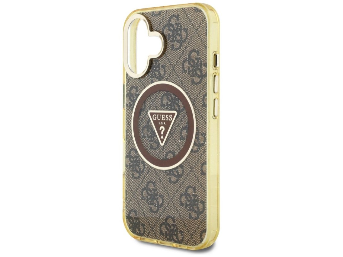 Capa Guess IML Metal Glitter 4G Circle Triangle MagSafe para iPhone 16 - Marrom