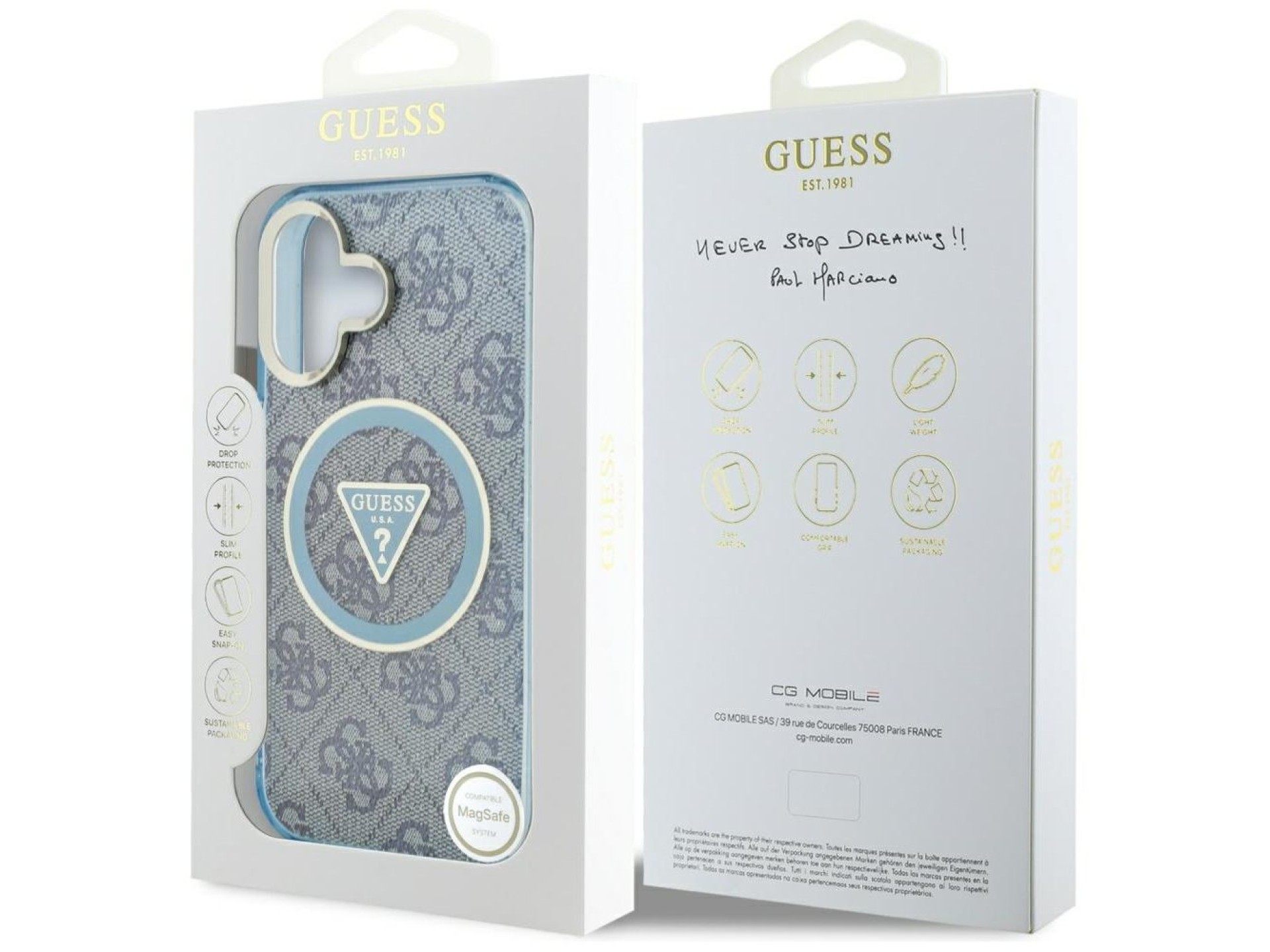 Funda Guess IML Metal Glitter 4G Circle Triangle MagSafe para iPhone 16 - Azul