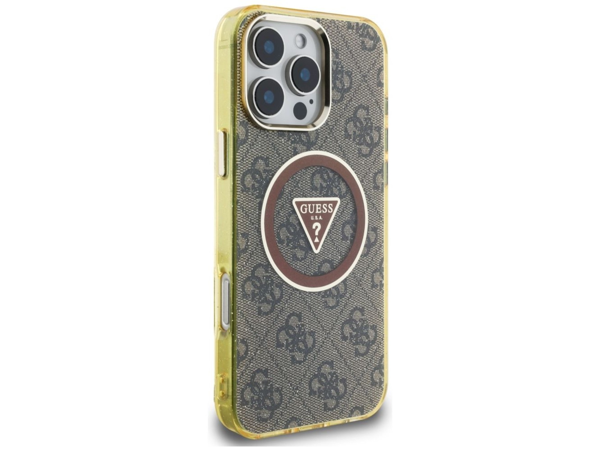 Guess IML Metal Glitter 4G Circle Triangle MagSafe Case for iPhone 16 Pro Max - Brown