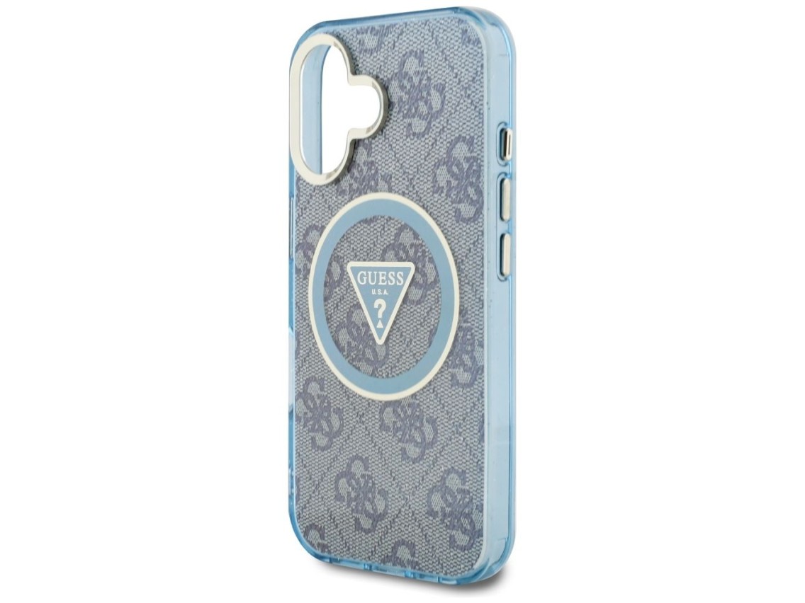 Funda Guess IML Metal Glitter 4G Circle Triangle MagSafe para iPhone 16 - Azul