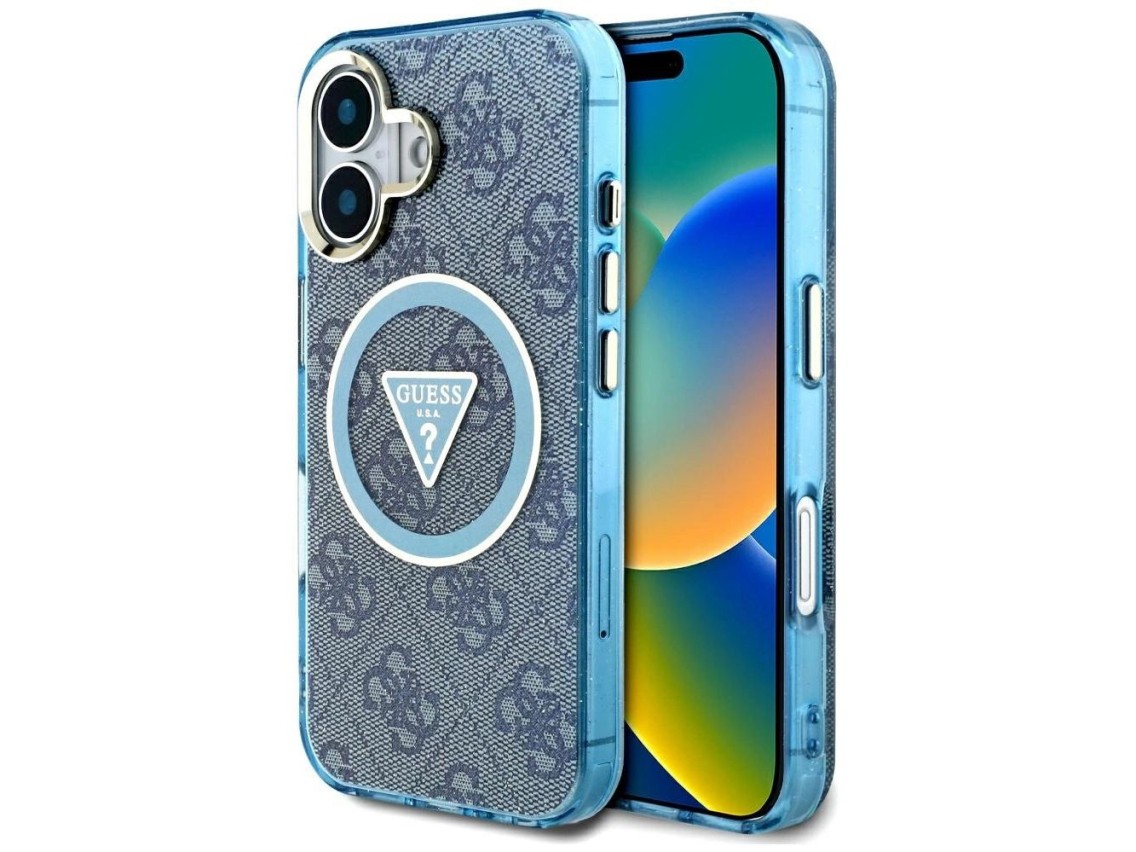 Funda Guess IML Metal Glitter 4G Circle Triangle MagSafe para iPhone 16 - Azul