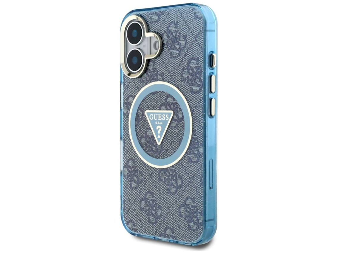 Funda Guess IML Metal Glitter 4G Circle Triangle MagSafe para iPhone 16 - Azul