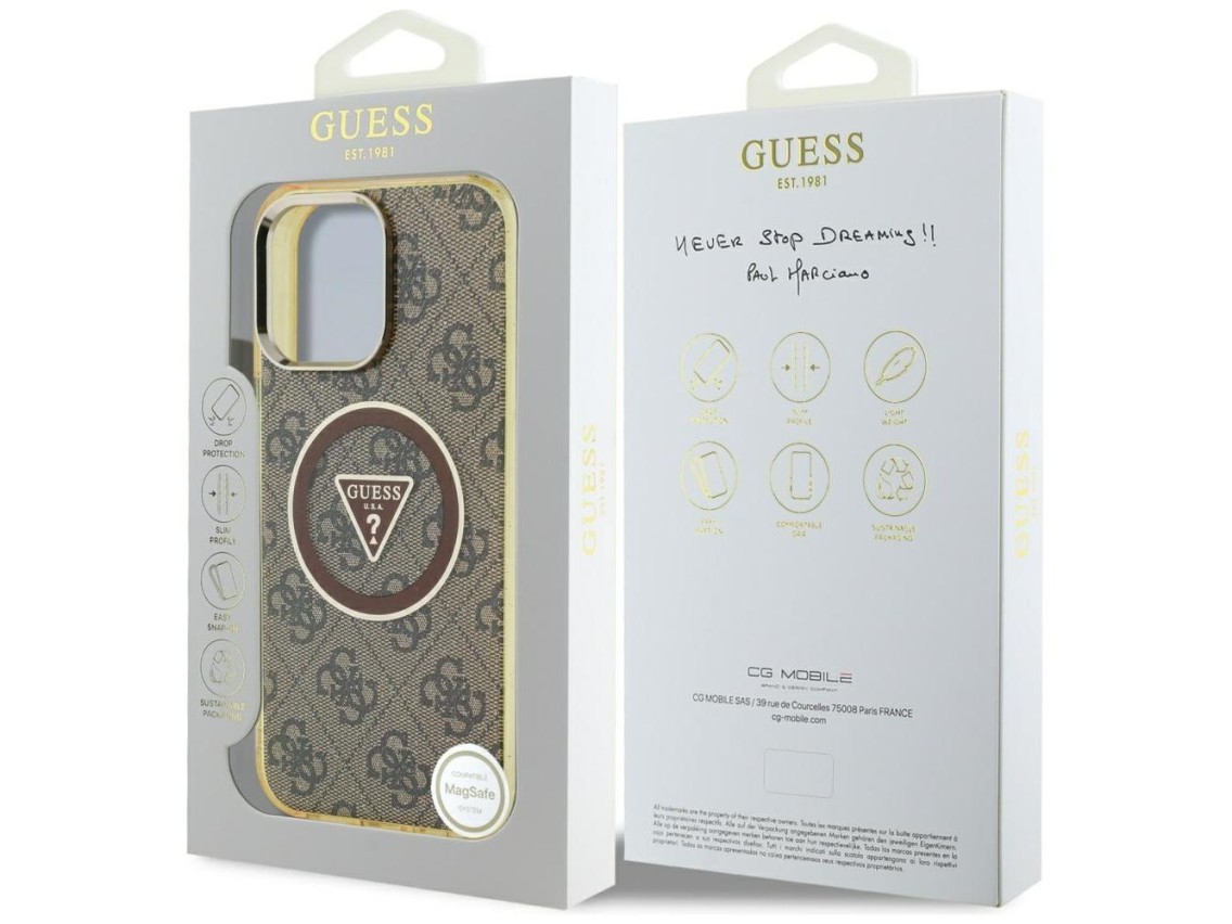 Guess IML Metal Glitter 4G Circle Triangle MagSafe Case for iPhone 16 Pro Max - Brown