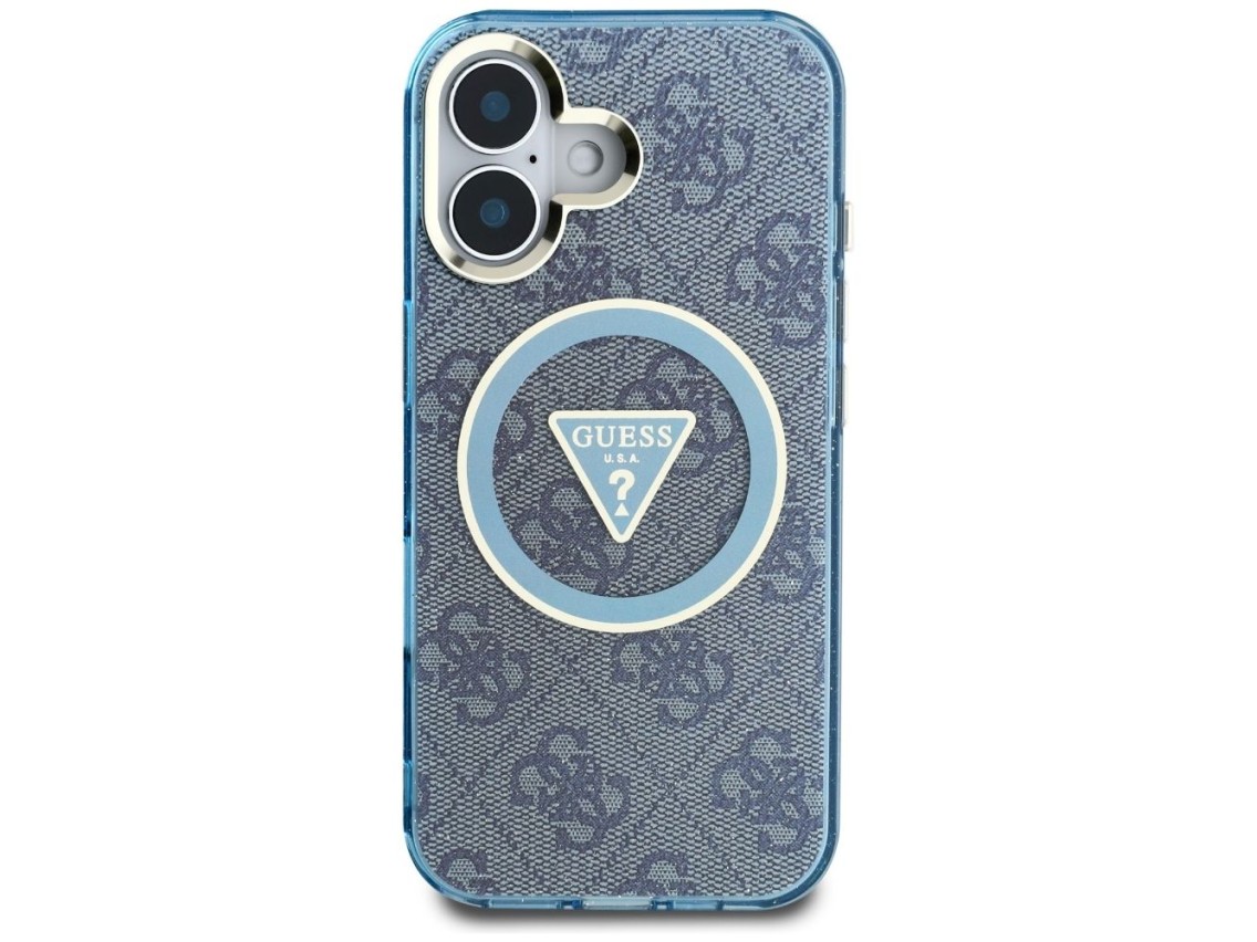 Funda Guess IML Metal Glitter 4G Circle Triangle MagSafe para iPhone 16 - Azul
