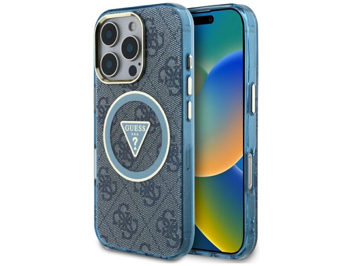 Funda Guess IML Metal Glitter 4G Circle Triangle MagSafe para iPhone 16 Pro - Azul