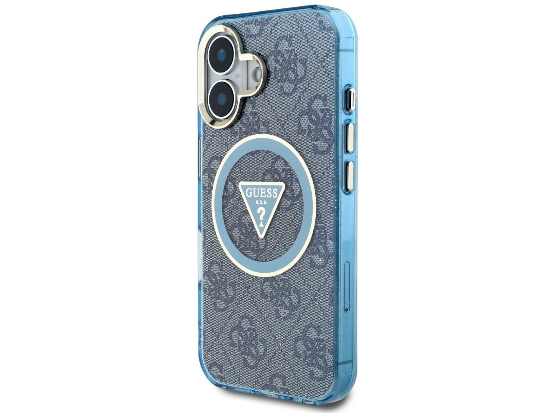 Funda Guess IML Metal Glitter 4G Circle Triangle MagSafe para iPhone 16 - Azul