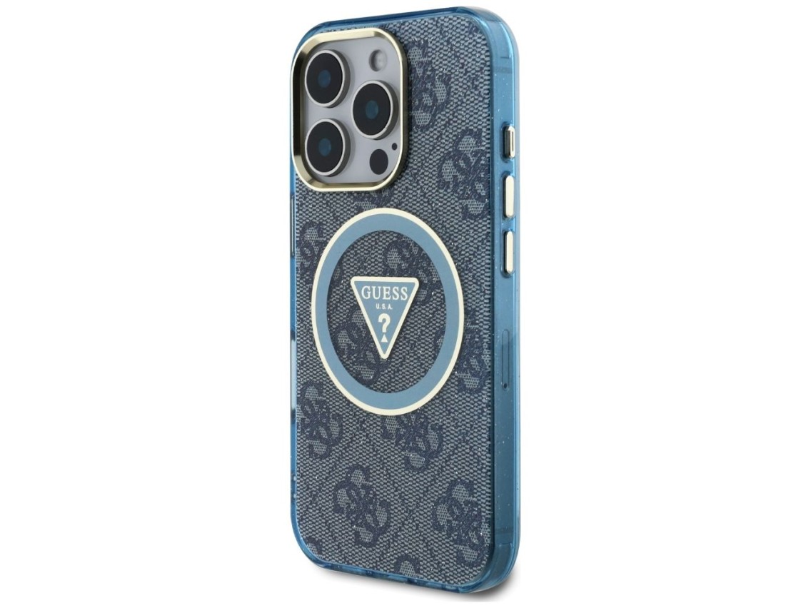 Funda Guess IML Metal Glitter 4G Circle Triangle MagSafe para iPhone 16 Pro - Azul