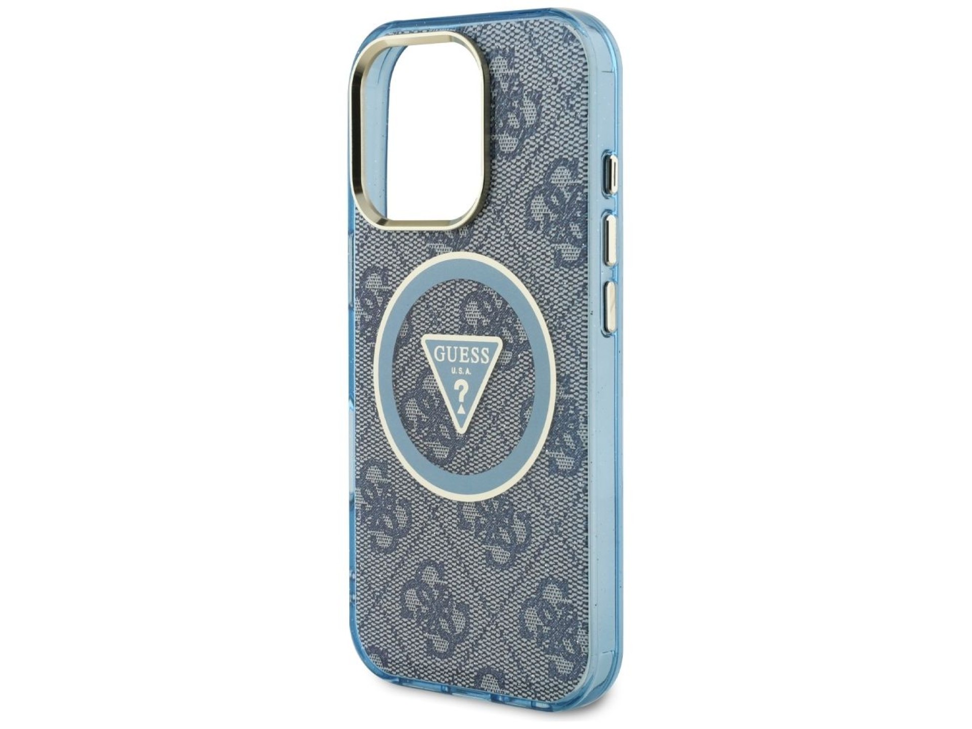 Funda Guess IML Metal Glitter 4G Circle Triangle MagSafe para iPhone 16 Pro - Azul