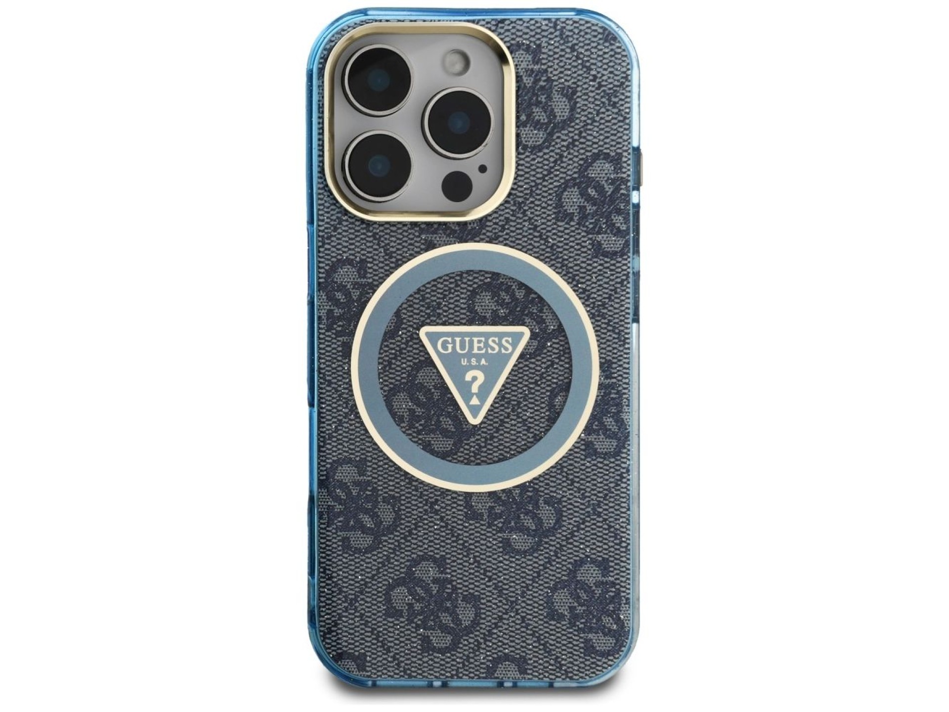 Funda Guess IML Metal Glitter 4G Circle Triangle MagSafe para iPhone 16 Pro - Azul