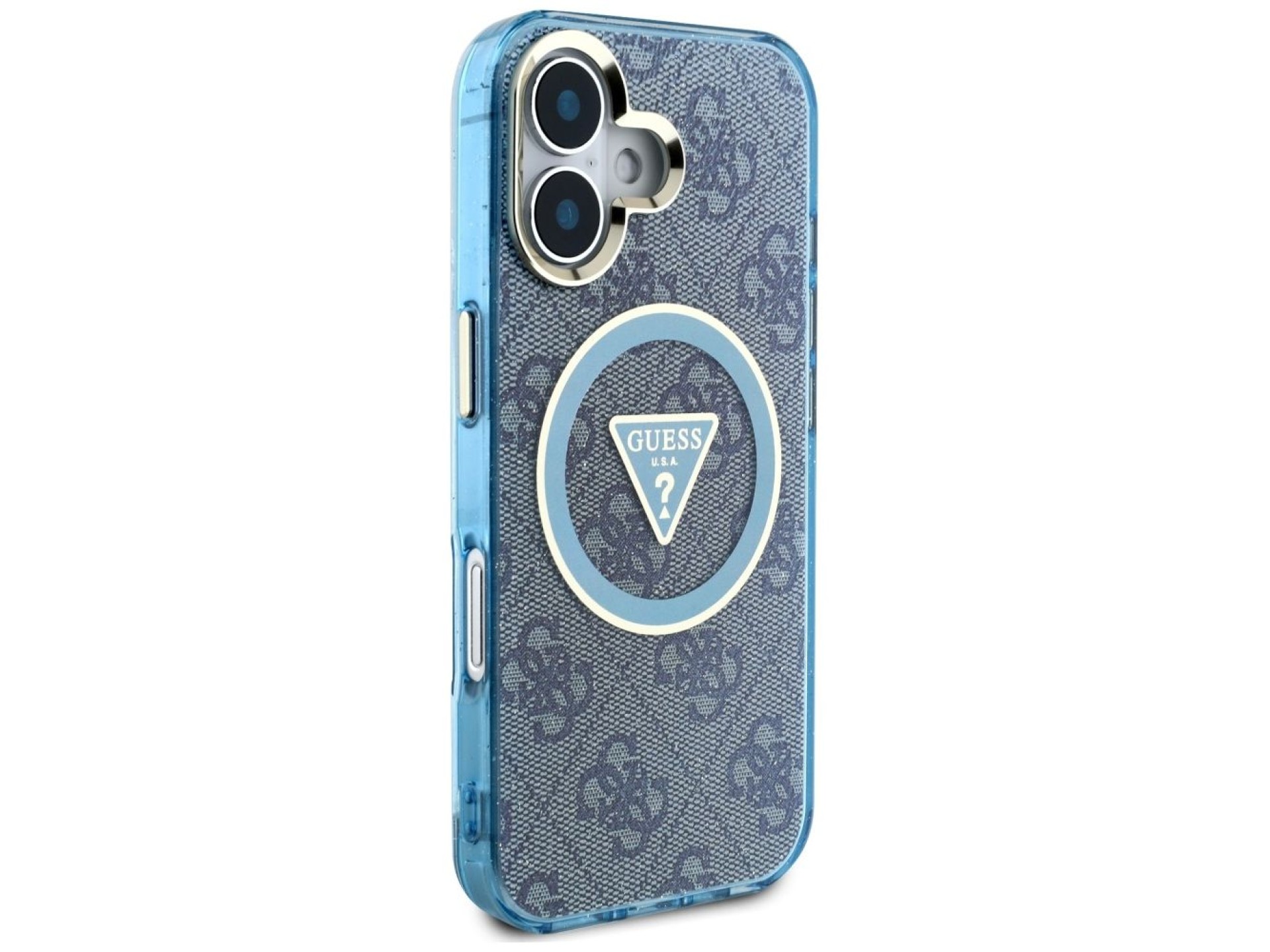Funda Guess IML Metal Glitter 4G Circle Triangle MagSafe para iPhone 16 - Azul