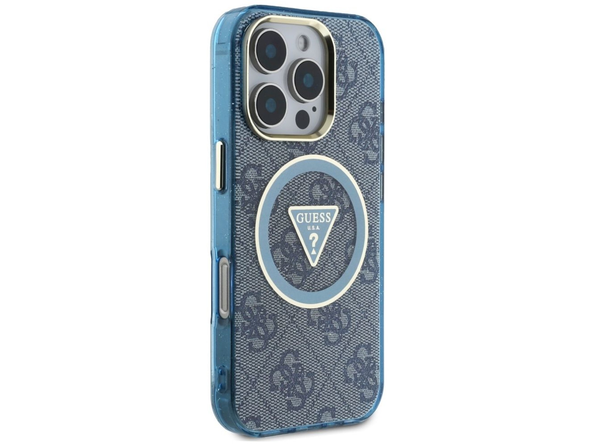 Funda Guess IML Metal Glitter 4G Circle Triangle MagSafe para iPhone 16 Pro - Azul