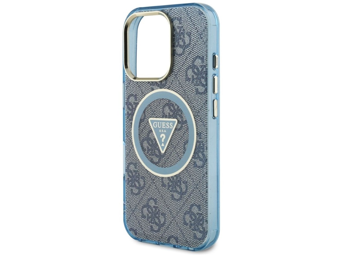 Capa Guess IML Metal Glitter 4G Circle Triangle MagSafe para iPhone 16 Pro Max - Azul