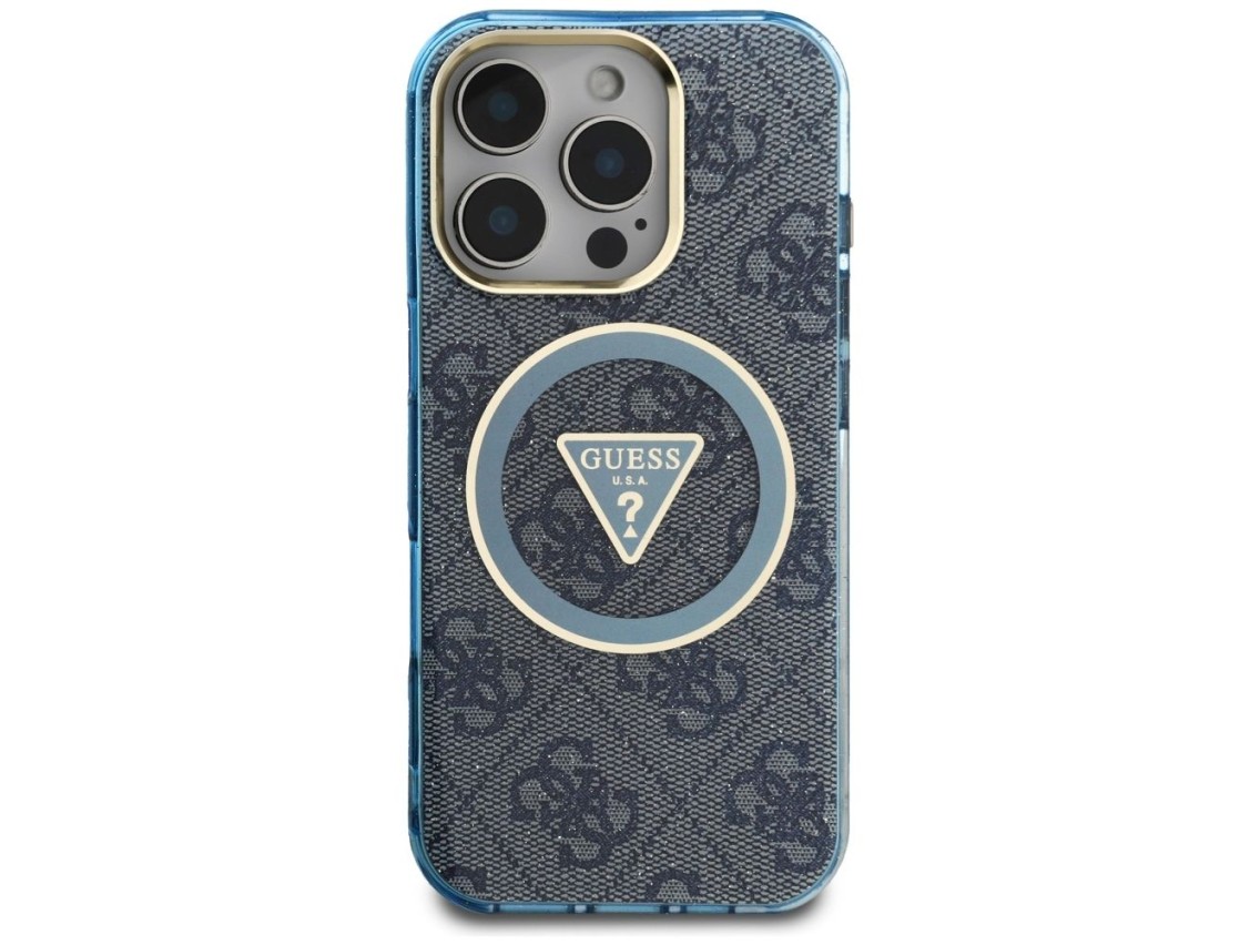 Capa Guess IML Metal Glitter 4G Circle Triangle MagSafe para iPhone 16 Pro Max - Azul