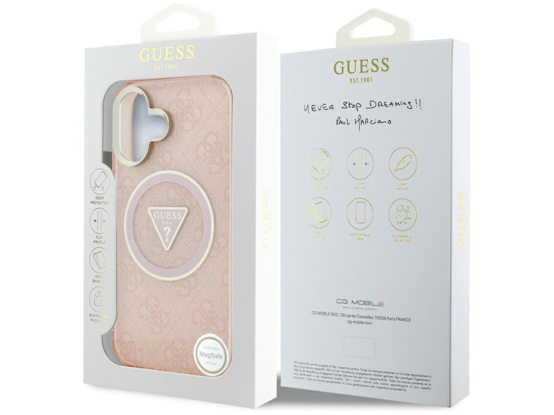 Guess IML Metal Glitter 4G Circle Triangle MagSafe case for iPhone 16 - pink