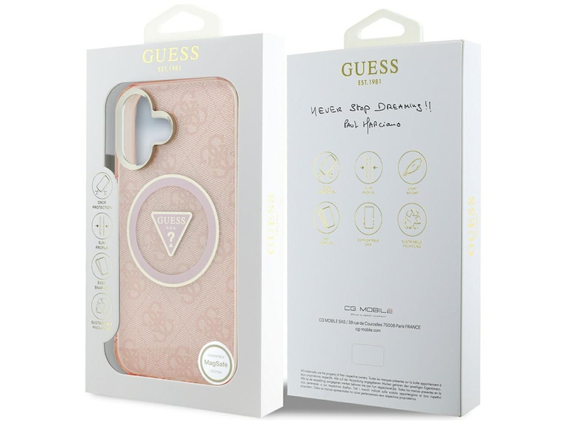 Guess IML Metal Glitter 4G Circle Triangle MagSafe case for iPhone 16 - pink