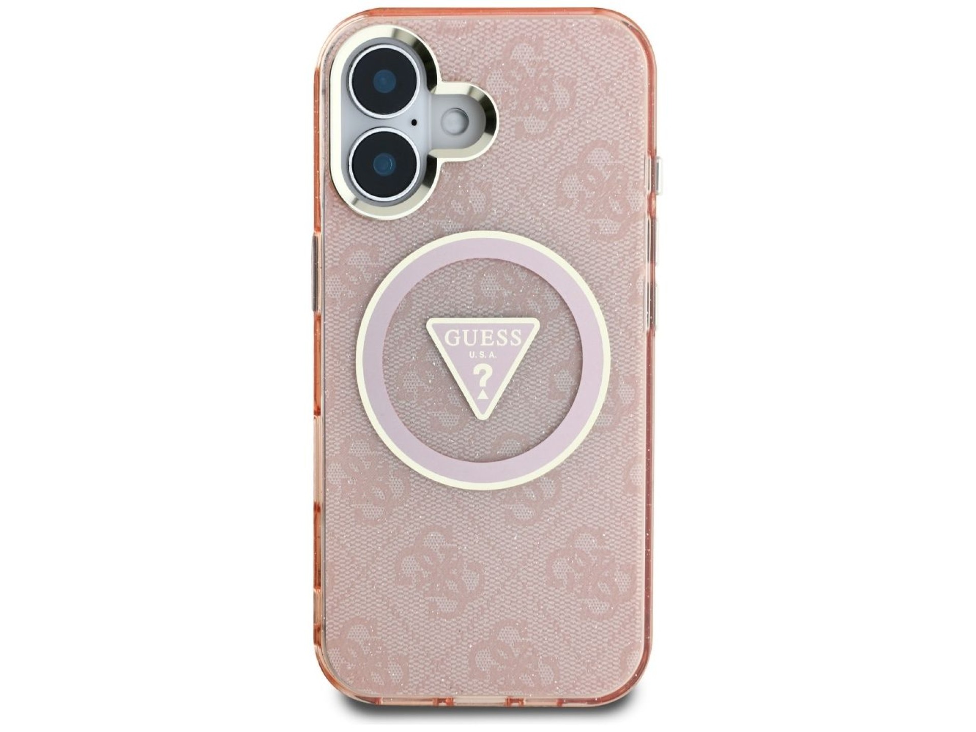 Guess IML Metal Glitter 4G Circle Triangle MagSafe case for iPhone 16 - pink