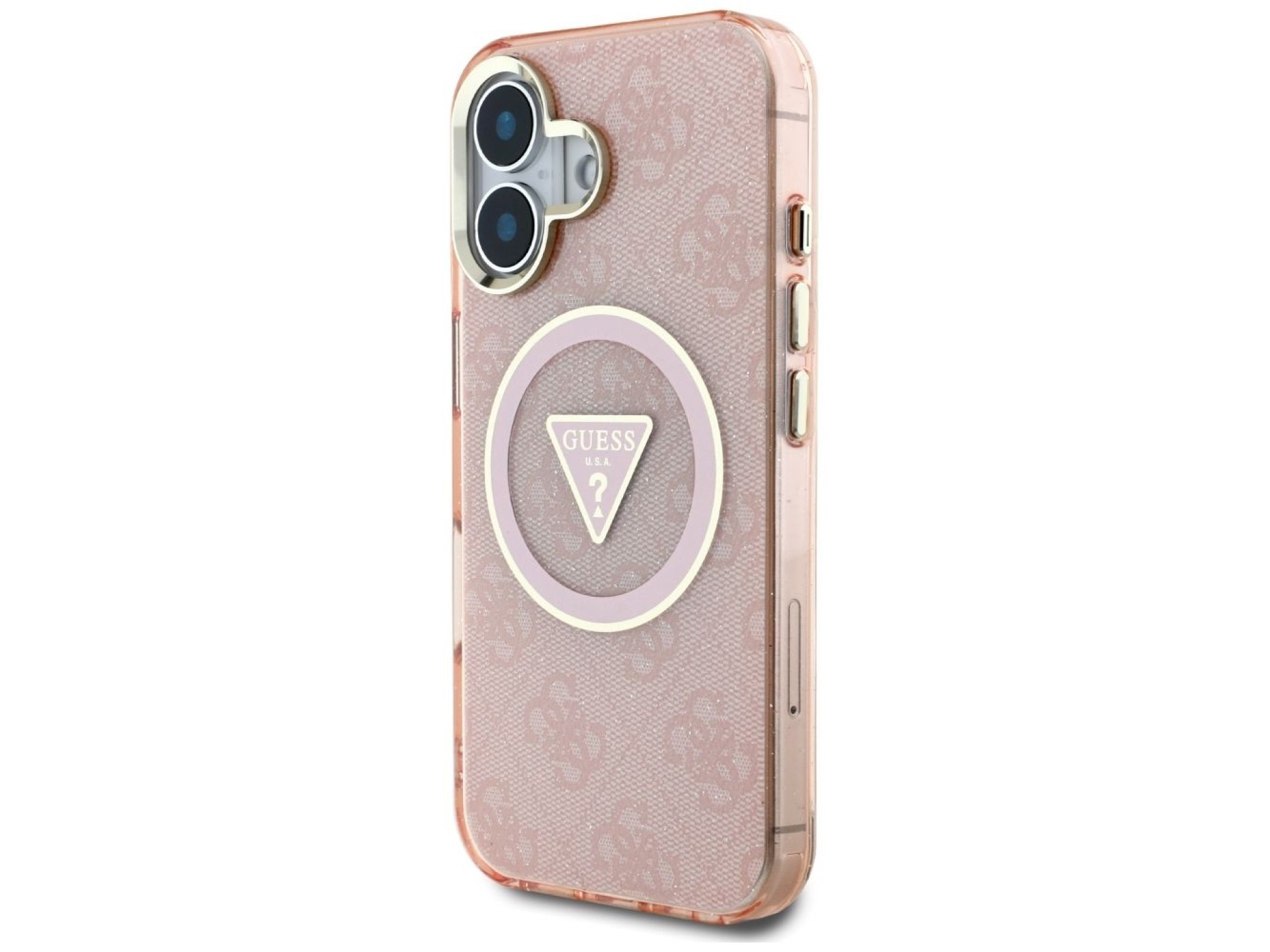 Guess IML Metal Glitter 4G Circle Triangle MagSafe case for iPhone 16 - pink