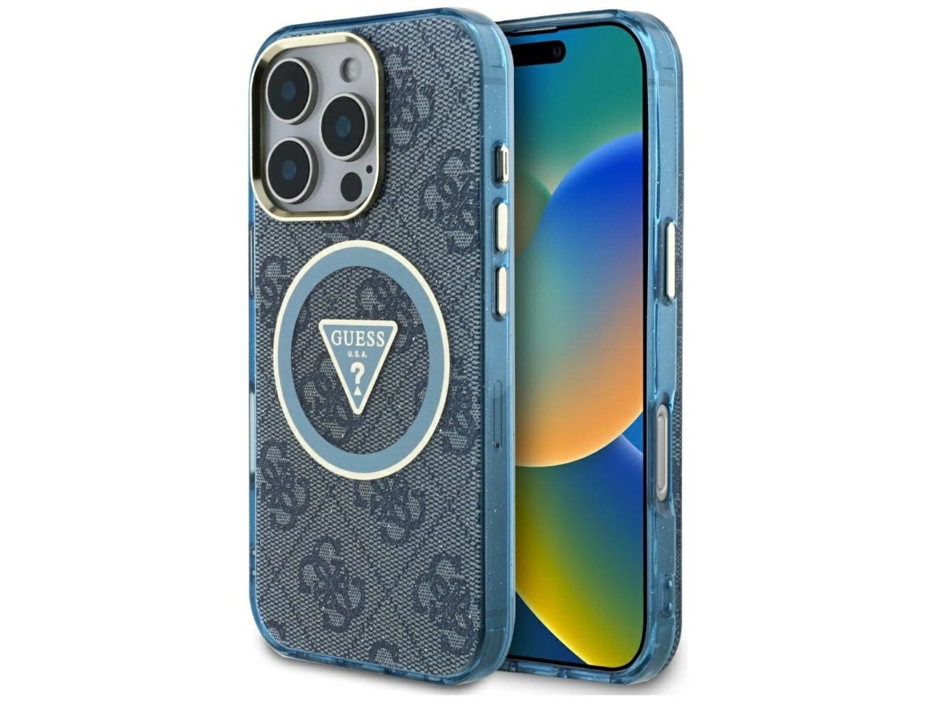 Capa Guess IML Metal Glitter 4G Circle Triangle MagSafe para iPhone 16 Pro Max - Azul