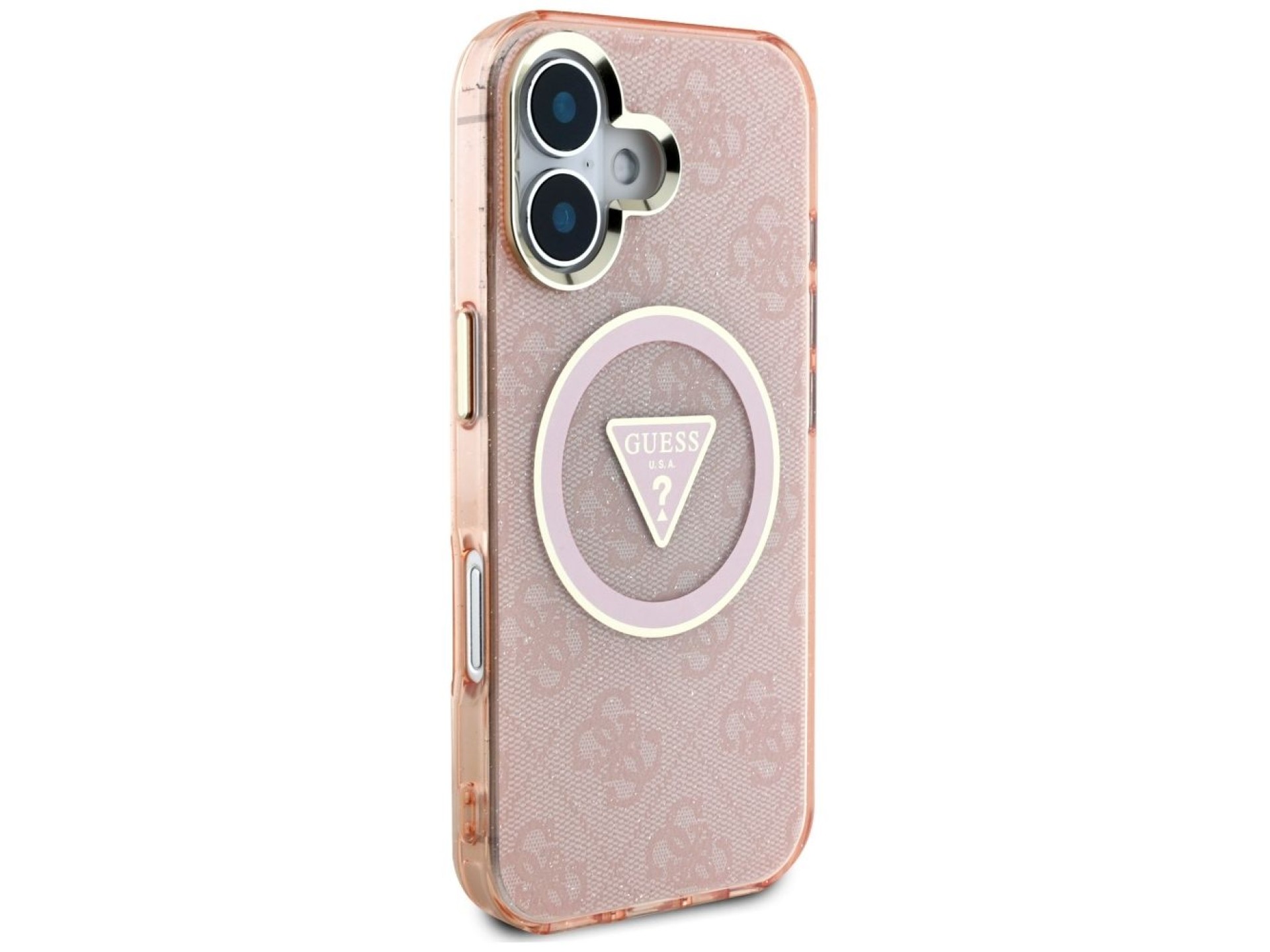 Guess IML Metal Glitter 4G Circle Triangle MagSafe case for iPhone 16 - pink