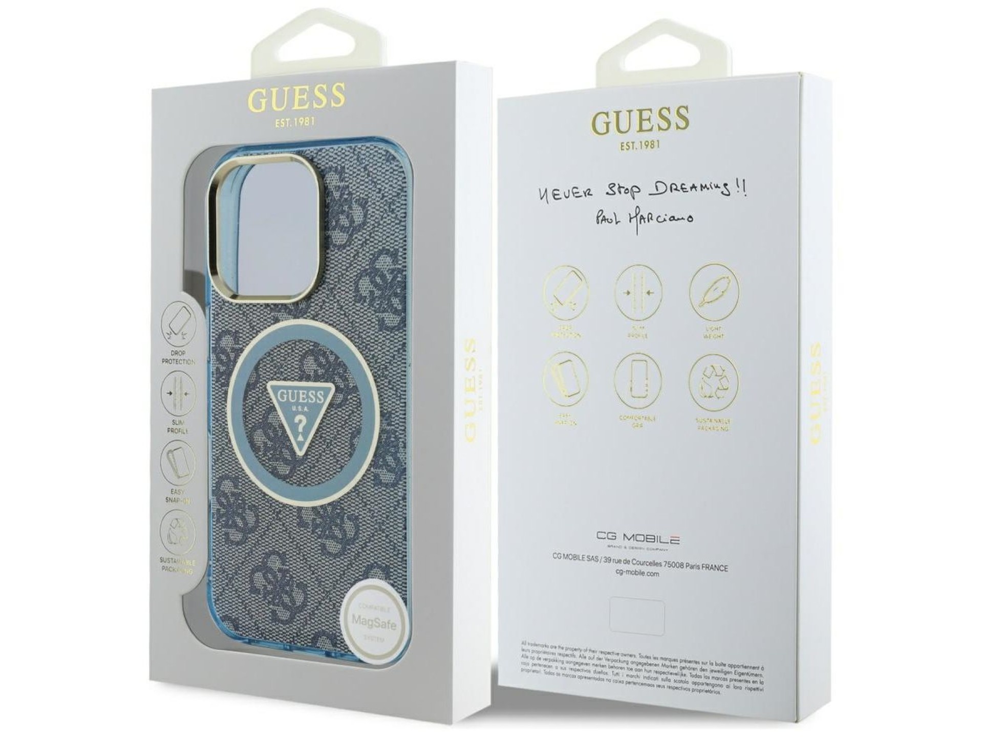Capa Guess IML Metal Glitter 4G Circle Triangle MagSafe para iPhone 16 Pro Max - Azul