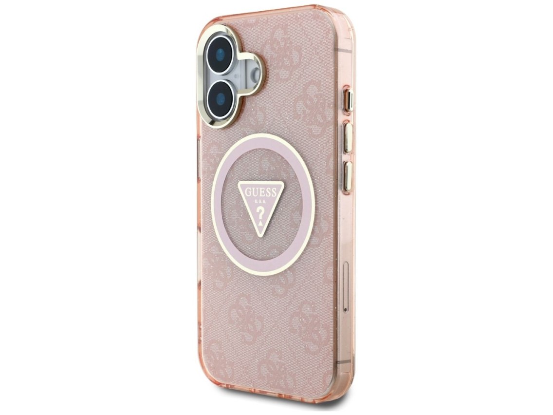 Guess IML Metal Glitter 4G Circle Triangle MagSafe case for iPhone 16 - pink