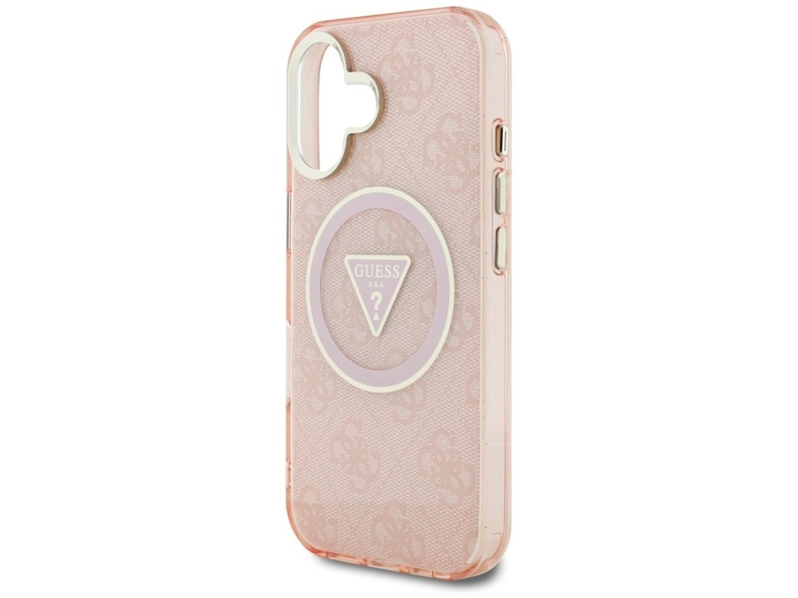 Guess IML Metal Glitter 4G Circle Triangle MagSafe case for iPhone 16 - pink