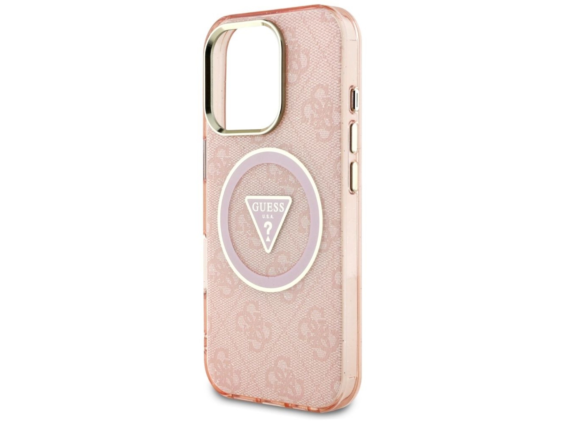 Funda Guess IML Metal Glitter 4G Circle Triangle MagSafe para iPhone 16 Pro - Rosa